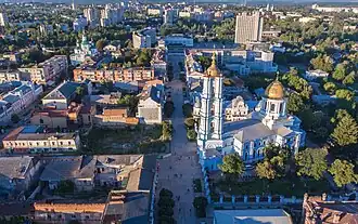 Aerial view of Sumy with Soborna Street and Transfiguration Cathedral