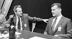 Slobodan Milošević talking to Ivan Stambolić during the 10th Congress of the League of Communists of Serbia in May 1986