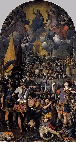 "The Martyrdom of Saint Maurice" by Romulo Cincinato. 1583. Oil on canvas, 540 x 288&nbsp;cm, Monasterio de San Lorenzo, El Escorial, Spain. Cincinato placed stronger emphasis on the execution scene, which has been brought into the foreground.