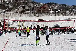 Two competitors stand between a net above the snowy playing field with a crowd a cabin and a snowy mountain in the background