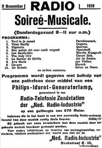 Image 24November 5, 1919 Nieuwe Rotterdamsche Courant advertisement, announcing PCGG's debut broadcast scheduled for the next evening, using narrow-band frequency modulation (FM). (from Radio broadcasting)