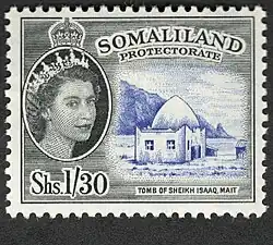 Image 19left British Somaliland Protectorate stamp featuring the tomb of Sheikh Isaaq at Mait. (from History of Somaliland)