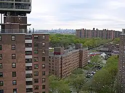 Apartment buildings in Soundview with the Midtown Manhattan skyline in the background