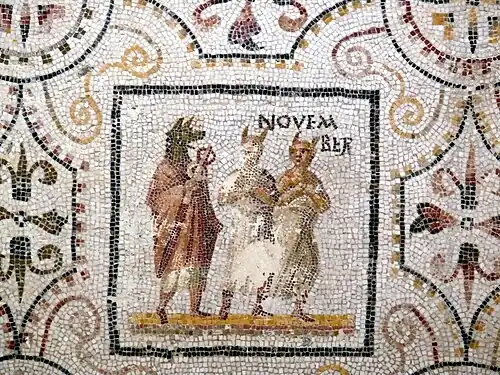 Hermanubis in the November panel of a Roman mosaic calendar from Sousse, Tunisia