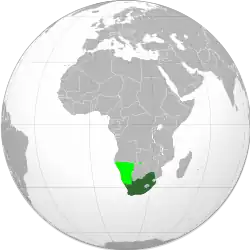 Union of South Africa with South West Africa shown in light green (occupied in 1915 and administered as 5th province of the Union under a C-mandate from the League of Nations)