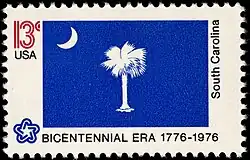 The South Carolina state flag as depicted in the 1976 bicentennial postage stamp series.