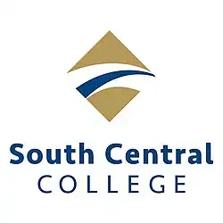 Gold rhombus crossed by white and dark blue stripes with the text "South Central College" beneath