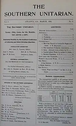 Cover of the March issue of Southern Unitarian