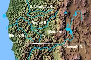 Rogue River and tributaries. The unlabeled eastern stream of the Illinois River is the Applegate River; Bear Creek is not shown but flows through the valley thru Medford