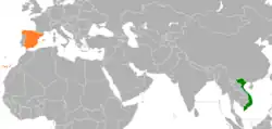 Map indicating locations of Vietnam and Spain