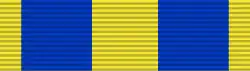 Width-44 yellow ribbon with two width-12 ultramarine blue stripes each distance 4 from the edge