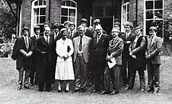 Sir Geoffrey Howe (then Deputy Prime Minister under Margaret Thatcher) and Lady Elspeth Howe in the Headmaster's Garden with headmaster Stephen Smith, the Head Boy (gowned) and Sixth Form Prefects on Speech Day at Caterham in 1982.