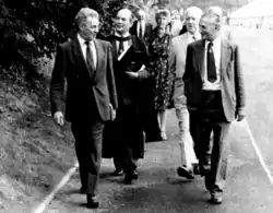 Sir Keith Joseph (then Secretary of State for Education under Margaret Thatcher) walking past Home with headmaster Stephen Smith on Speech Day in 1984