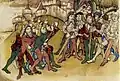 Scene of Hasle swearing fealty to Bern, from the Spiezer Chronik (1480s). Several men of either party are wearing the classical Swiss degen of the late 15th century.