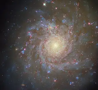 A spiral galaxy, seen face-on, fills the view. Swirling, patchy and broken spiral arms surround a softly glowing centre. The arms are filled with blue, speckled patches showing star clusters, shining pink and red dots where young stars are lighting up gas clouds, and a web of thin, dark red dust lanes. The glow of the galaxy’s arms extends out into the dark background. Individual tiny stars appear throughout.