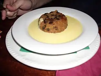 Dessert: Spotted dick (19th century[73]) with custard (Roman,[74] and medieval[75])