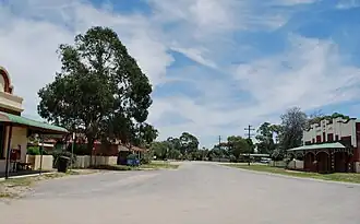 The main street of Springhurst, 2009. The post office is on the left, the Carriers Arms Hotel on the right