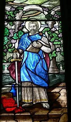 Stained glass window ( 1986 ) showing St Collen (Llangollen, Wales - St.Collen parish church)