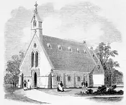 Engraved illustration of a small gothic church with a steep roof