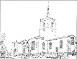 Stone church with a square tower topped by a slim spire