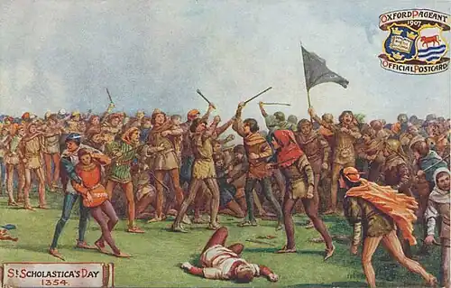 Artist's impression of two groups of individuals fighting; a black flag is flying above one group, and some people are bearing cudgels.