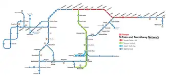 A transit diagram visualizing the rapid transit network in Ottawa. Includes O-Train Lines 1, 2, 4, and the Transitway bus rapid transit network