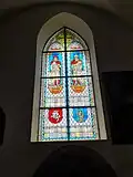 Stained-glass window with Vytautas the Great wearing Gediminas's Cap (left) in the Church of Vytautas the Great in Kaunas