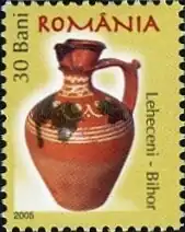 Stamp of Romania from 2005, showing pottery from Leheceni
