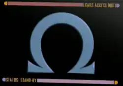 The Greek letter omega bordered on top and bottom by colored bars which contain the captions: "LCARS ACCESS 0001" and "STATUS: STAND-BY"