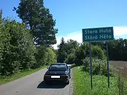 A bilingual Polish-Kashubian road sign for the village