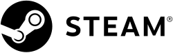 A white circle on a black background, with iconography of mechanical gears and arms between them within the white circle, and the text "STEAM®" to the right
