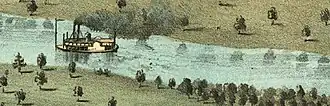 A painting of a steamboat on a river in Iowa City in 1868.