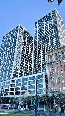 Steuart Tower and Spear Tower from the ground