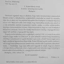 Document[14] in the National Archives of Hungary 1945. Thank you letter from Lajos Stöckler, President of the Jewish Community of Budapest, to Károly Szabó for rescuing 154 persons and his family (8 persons).