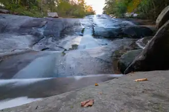 View from the bottom of Stone Mountain State Park Waterfall