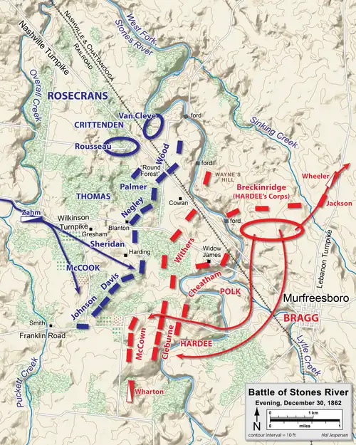 Map shows the positions of the armies before the Battle of Stones River.
