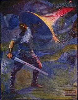 An old warrior fights against a dragon spitting fire.