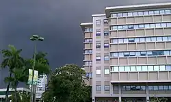 Storm clouds over an office building in Pueblo Viejo barrio