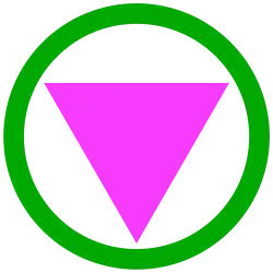 "Safe space" symbol: pink triangle in a green&nbsp;circle
