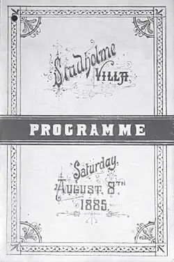 Program reading "Studholme Villa" and providing a date of Saturday 8 August 1885
