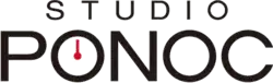 Sans serif black font spelling Studio Ponoc. The first "o" in "Ponoc" appears to be a clock with red hands pointing to the 12 o'clock position. This refers to "Ponoc" being based the Croatian word for "midnight" or "the start of a new day".