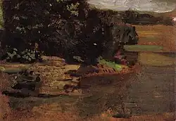 Landscape sketch, from two-sided sketch for Swimming, oil on paperboard, 4 × 5+3⁄4&nbsp;in (10 × 15&nbsp;cm), 1884