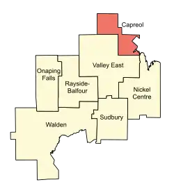 Location of Capreol (red) compared to the rest of the Sudbury Region until 2000.