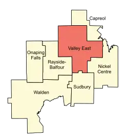 Location of Valley East (red) compared to the rest of the Sudbury Region until 2000.