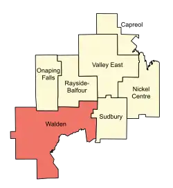 Location of Walden (red) compared to the rest of the Sudbury Region until 2000.