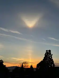 Sun pillar and upper tangent arc over the San Francisco bay. April 9, 2023.