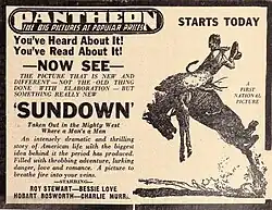 Vintage newspaper ad with bold text and an illustration of a cowboy riding a bucking horse
