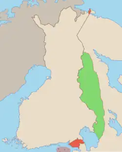 Anticipated territorial changes of the Finnish Democratic Republic, with areas to be ceded to the Soviet Union (red) and to the Finnish Democratic Republic (green).