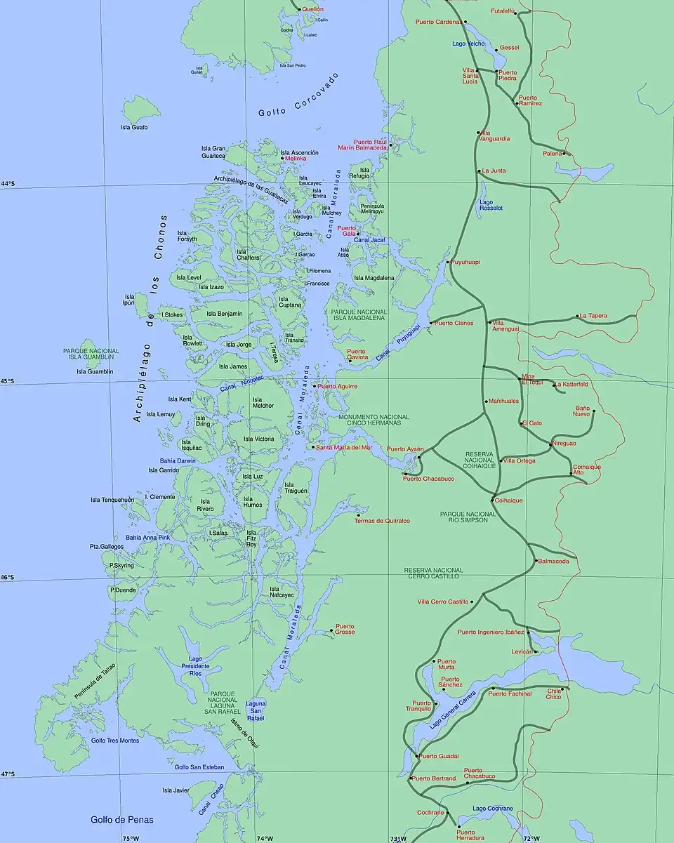 Puerto Chacabuco, in the middle of the map