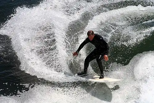 Image 13 Surfing Photo credit: Mila Zinkova A surfer off the coast of Santa Cruz, California, is performing a "cutback", or very sharp turn. Santa Cruz and the surrounding Northern California coastline is a popular surfing destination; however, the year-round low temperature of the Pacific Ocean in that region (averaging 57&nbsp;°F or 14&nbsp;°C) necessitates the use of wetsuits. More selected pictures